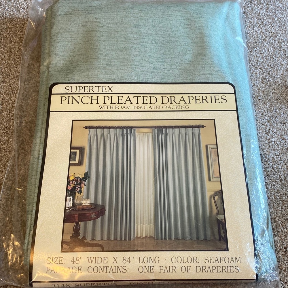 Supertex Seafoam Pinch Pleated Draperies 48x84 Foam Insulated Backing Pair  New